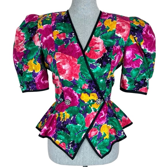VTG Nordstrom Point of View Silk Floral Puff Sleeve Rhinestone Wrap Top - Picture 1 of 14